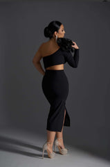 Rochie Midi Obsidian Flame by Sia House - Umăr Asimetric și Floare 3D Sia House pentru femei elegante