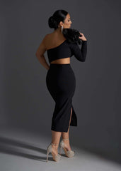 Rochie Midi Obsidian Flame by Sia House - Umăr Asimetric și Floare 3D Sia House pentru femei elegante