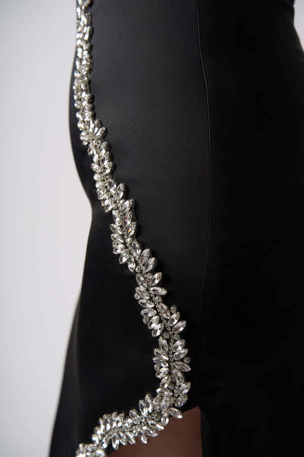 Rochie Black Beauty din satin cu șirag de ștrasuri argintii Sia House pentru femei elegante Rochie Black Beauty din satin cu șirag de ștrasuri argintii Sia House pentru femei elegante