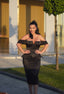 Domina – Rochie midi cu corset din tafta și plasă cu cristale