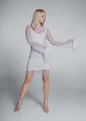 Rochie Bling Diva scurta - plasă cristale și pene