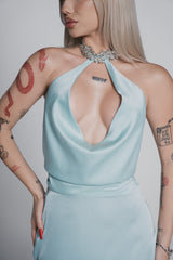 Rochie lungă mătase cu bijuterie Bling Enchant – Sia House