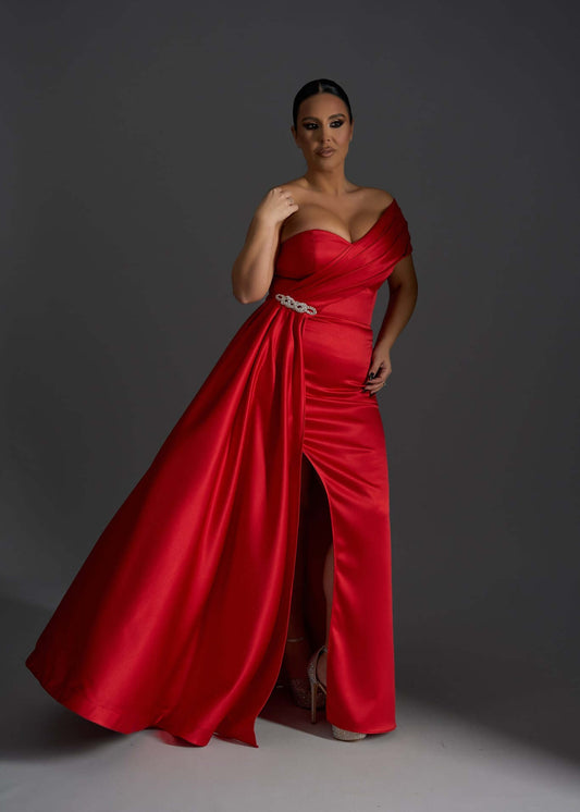 Rochie Lunga Red Mirage Sia House - Tafta cu Strasuri Argintii Sia House pentru femei elegante