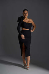 Rochie Midi Obsidian Flame by Sia House - Umăr Asimetric și Floare 3D Sia House pentru femei elegante