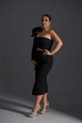 Rochie Midi Obsidian Flame by Sia House - Umăr Asimetric și Floare 3D Sia House pentru femei elegante