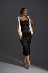 Angel Lust - Rochie midi neagră elegantă cu detalii din satin și perle Sia House pentru femei elegante