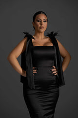 Black Widow - Rochie midi neagră cu aplicații din pene by Sia House Sia House pentru femei elegante