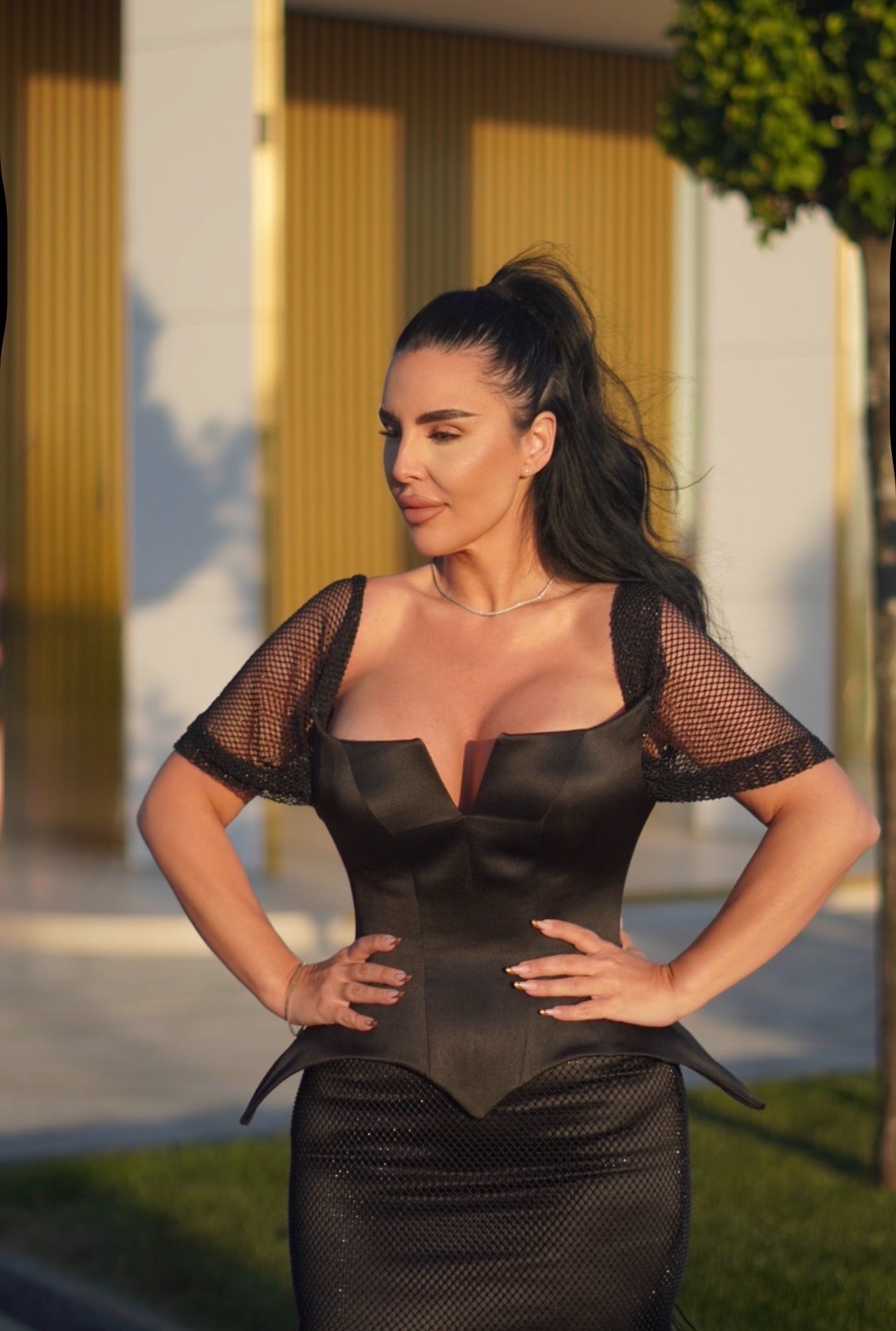 Domina – Rochie midi cu corset din tafta și plasă cu cristale Imagine secundară a produsului