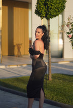 Domina – Rochie midi cu corset din tafta și plasă cu cristale