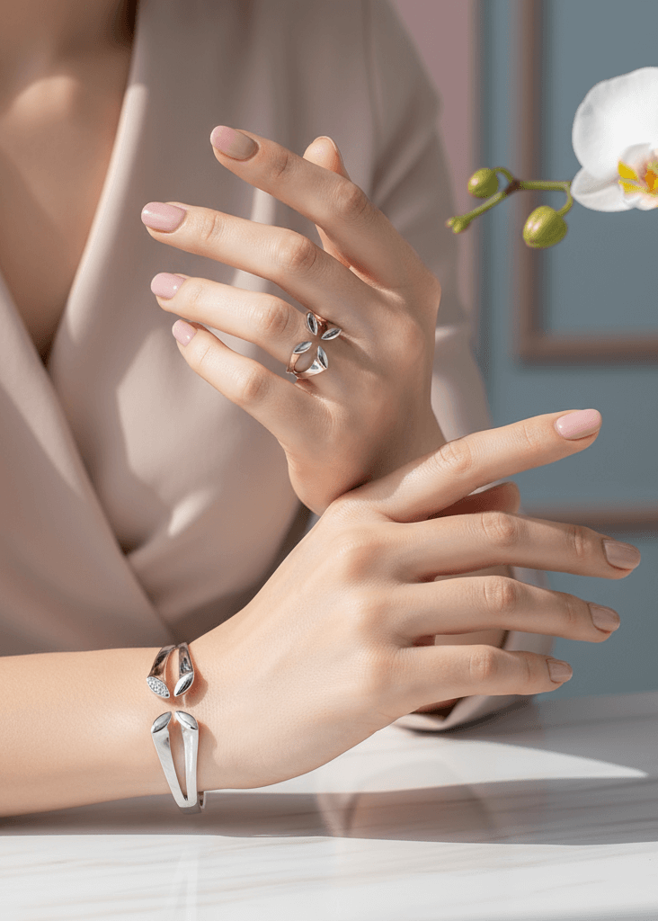 Set Lily Grace bratara si inel argintiu si auriu cu design organic, purtate pe mana feminina eleganta