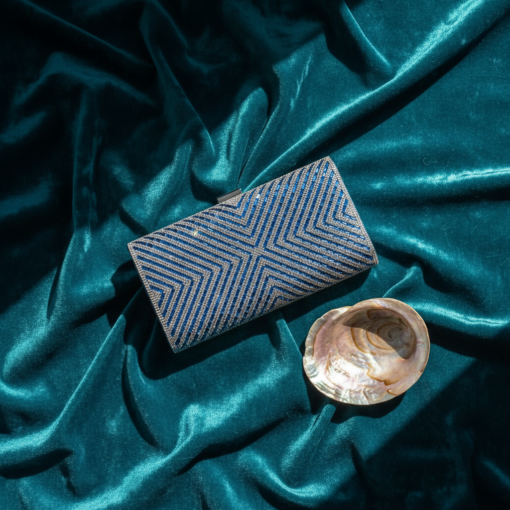 Clutch Sapphire Shine – plic elegant cu cristale albastre și model geometric