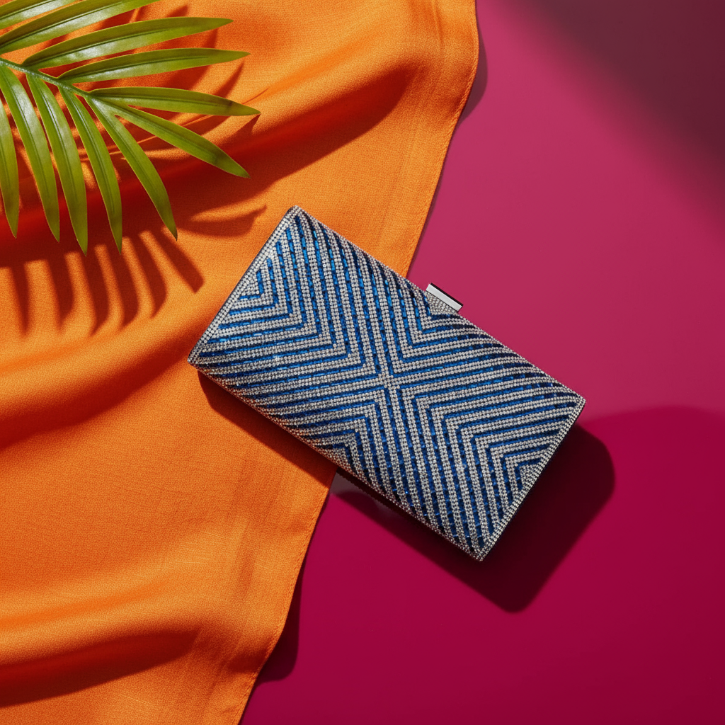 Clutch Sapphire Shine – plic elegant cu cristale albastre și model geometric