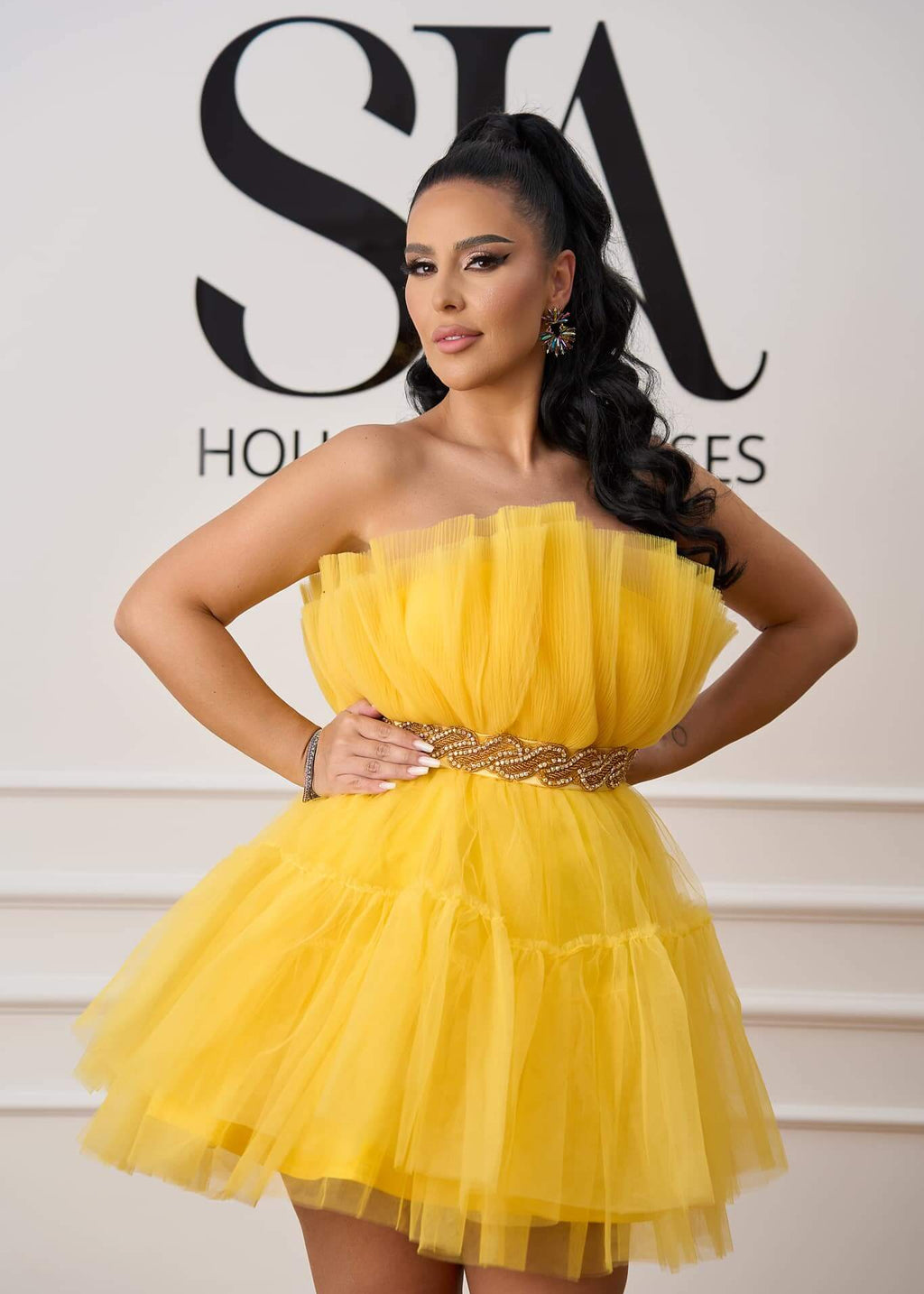 Rochie Belle galbenă fără bretele cu centură cu cristale - Sia House Sia House pentru femei elegante