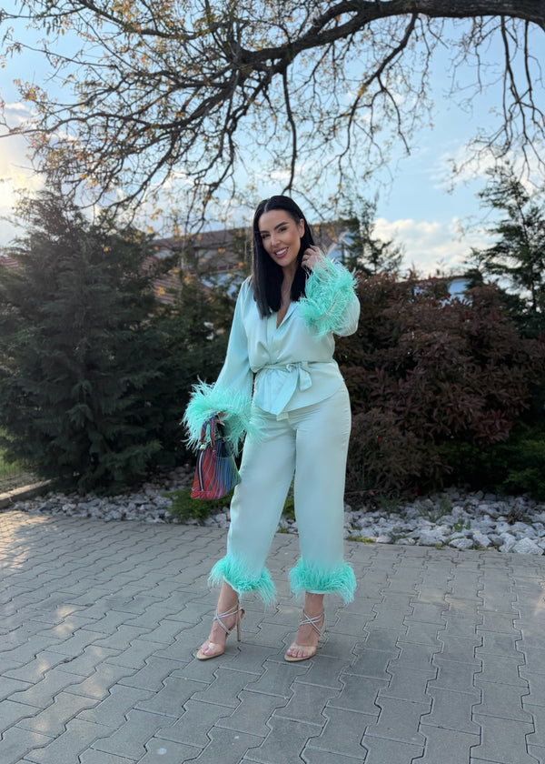 Costum satin mătase cu pene Zeyna