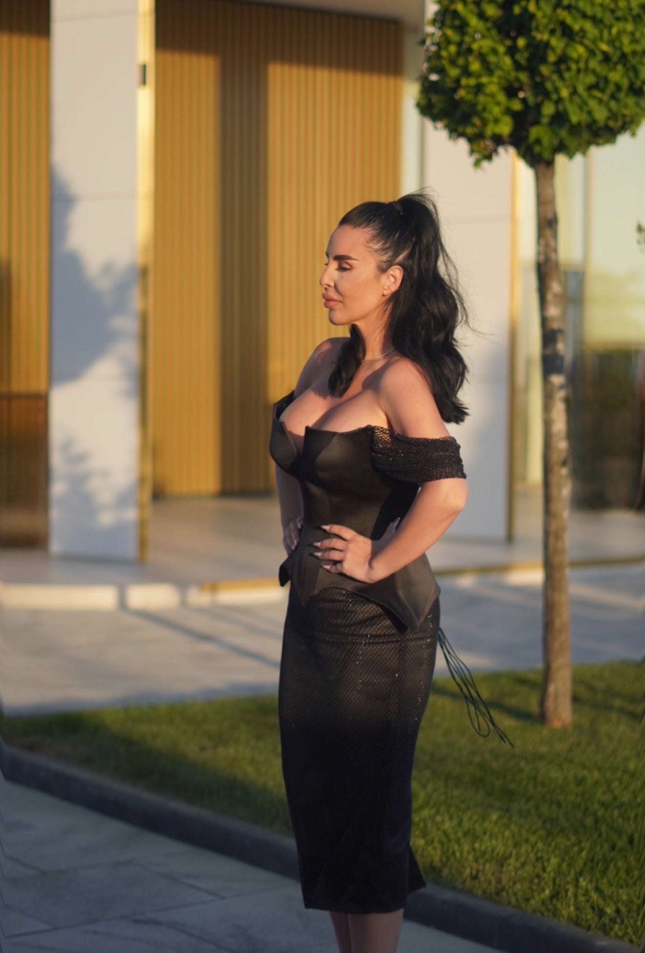 Domina – Rochie midi cu corset din tafta și plasă cu cristale