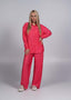 Compleu satinat plisat 2 piese ALLURE roz fucsia, camasă și pantaloni largi, material lucios elegant