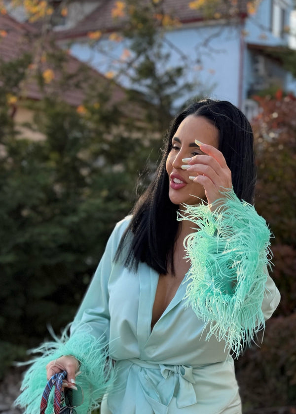 Costum satin mătase cu pene Zeyna