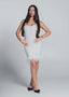 Rochie Bling Charm scurta din lycra alba cu cristale si pene, design bodycon, purtata de model pe fundal gri