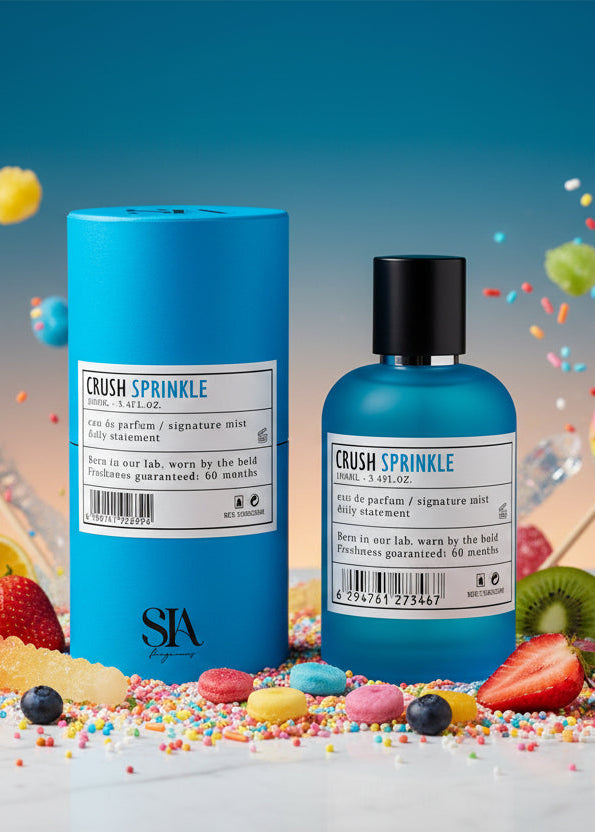Apa de Parfum CRUSH SPRINKLE 100ml, parfum vibrant pentru femei și bărbați, sticlă albastră cu ambalaj cilindric turcoaz