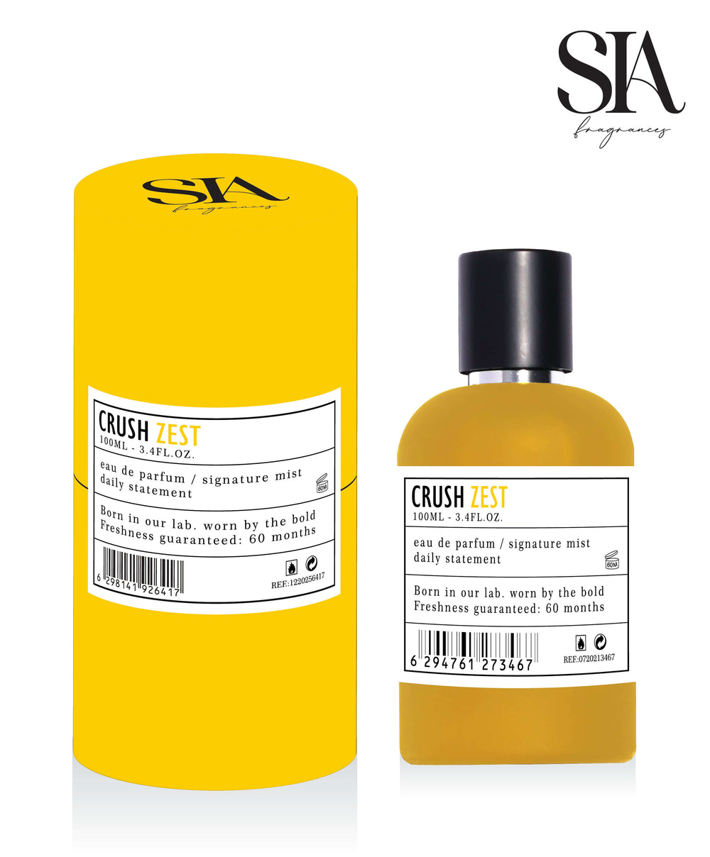 Sticlă și cutie Crush Zest, parfum semnătură 100ml de la SIA Fragrances, precomandă exclusivă, lansare specială.
