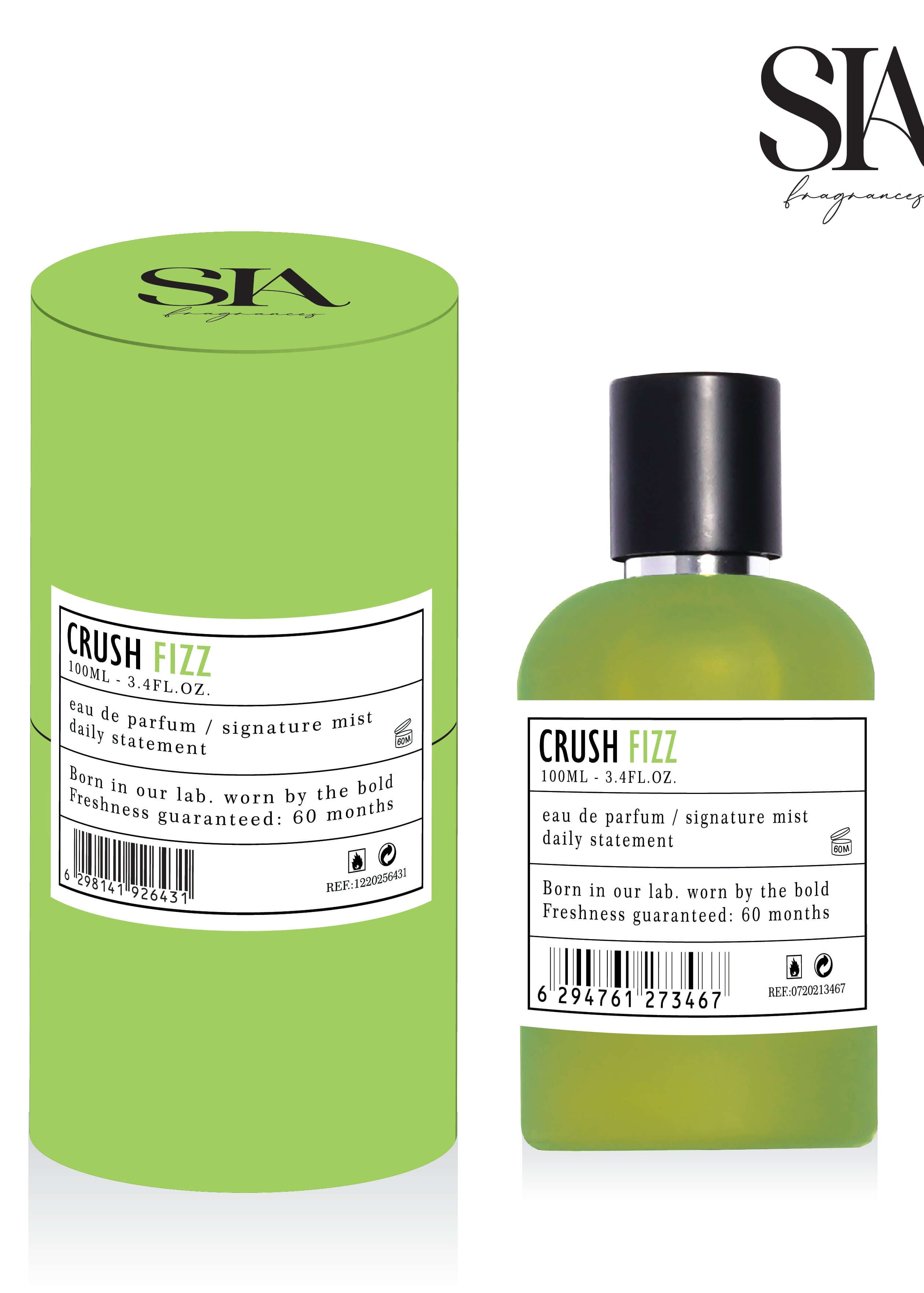 Apa de Parfum CRUSH FIZZ 100ml, parfum efervescent pentru femei, sticlă verde cu ambalaj cilindric elegant
