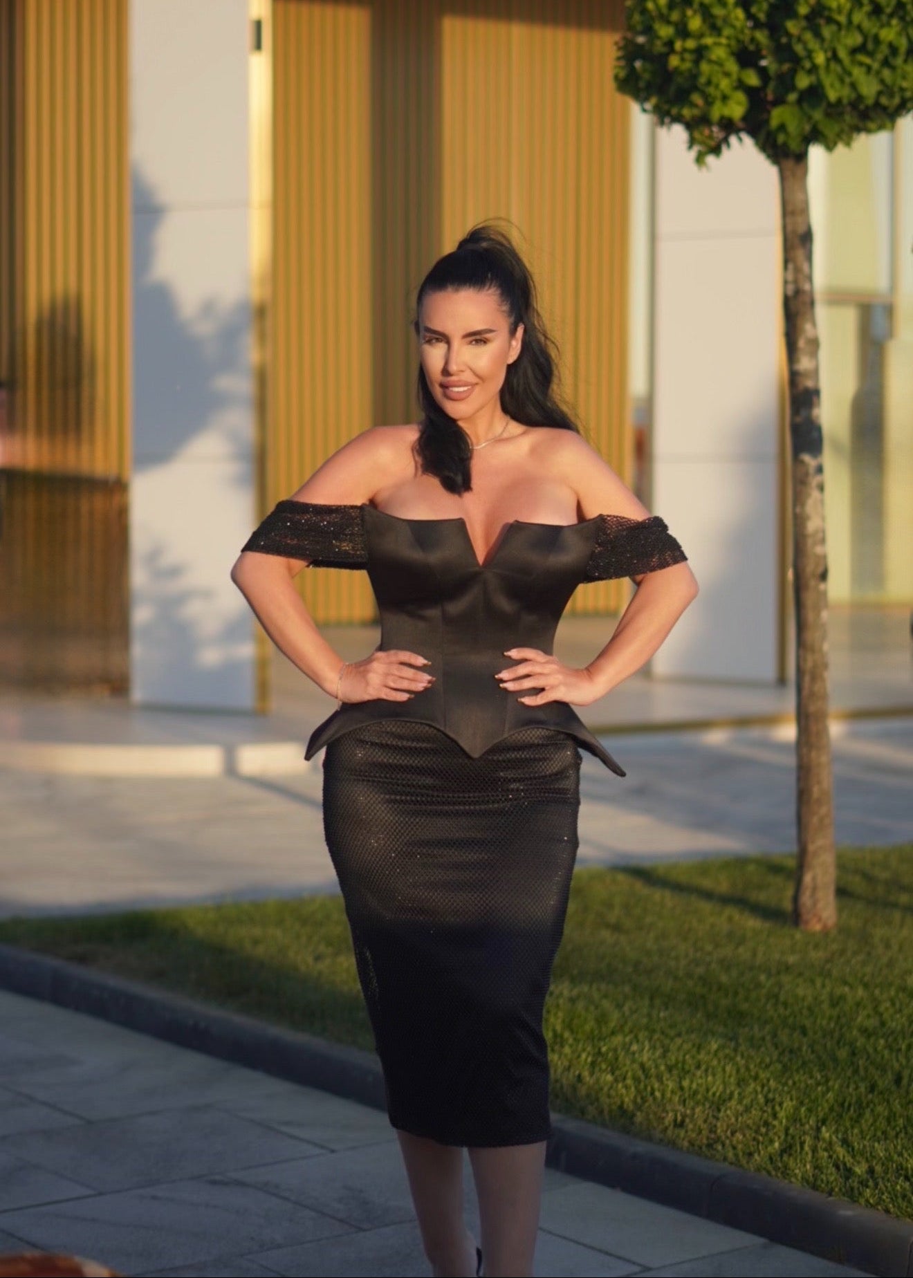Domina – Rochie midi cu corset din tafta și plasă cu cristale Imagine secundară a produsului