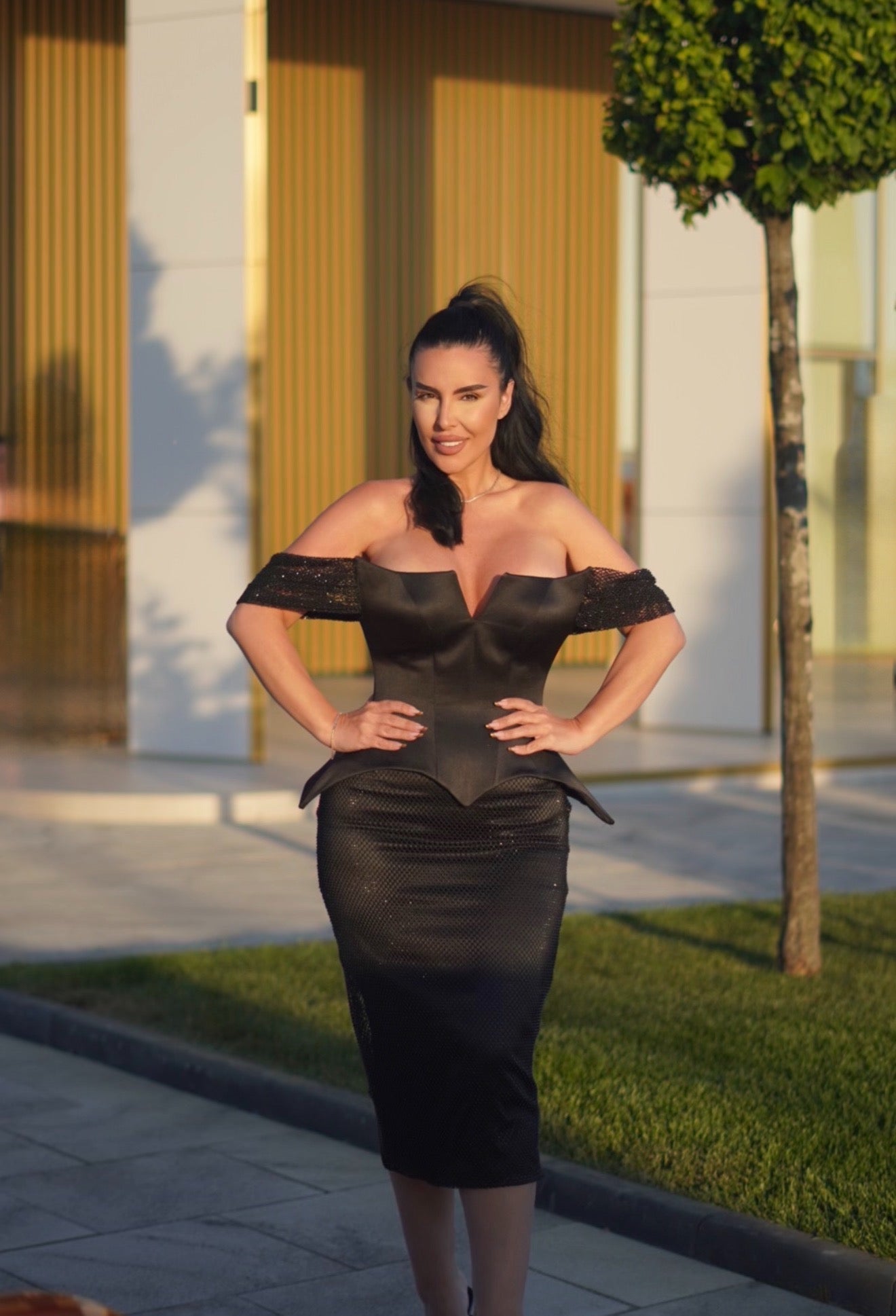 Domina – Rochie midi cu corset din tafta și plasă cu cristale Imagine principală a produsului