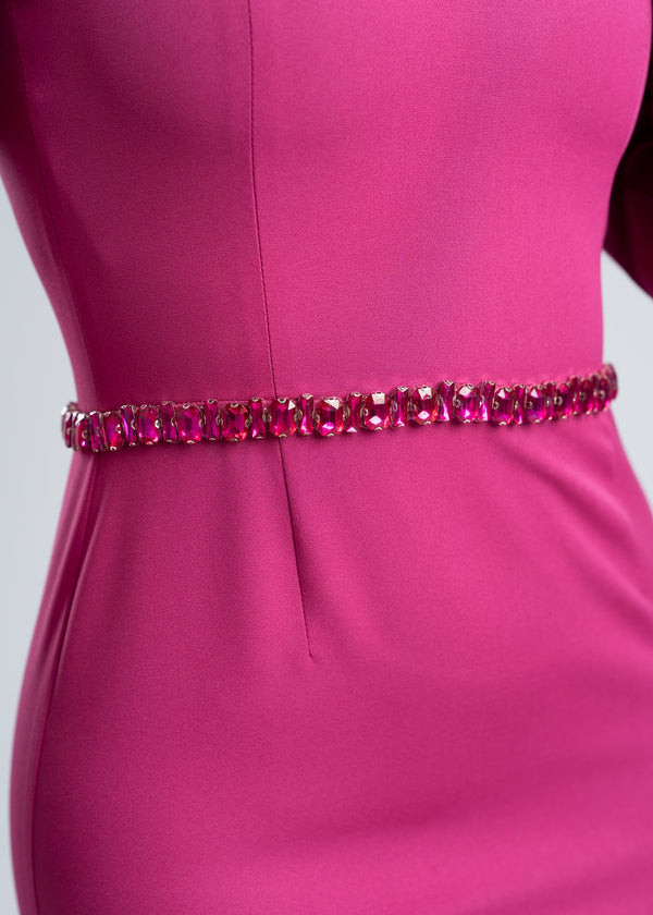 Rochie midi cu umeri accentuați & talie accesorizata - "CRYSTAL AURA"