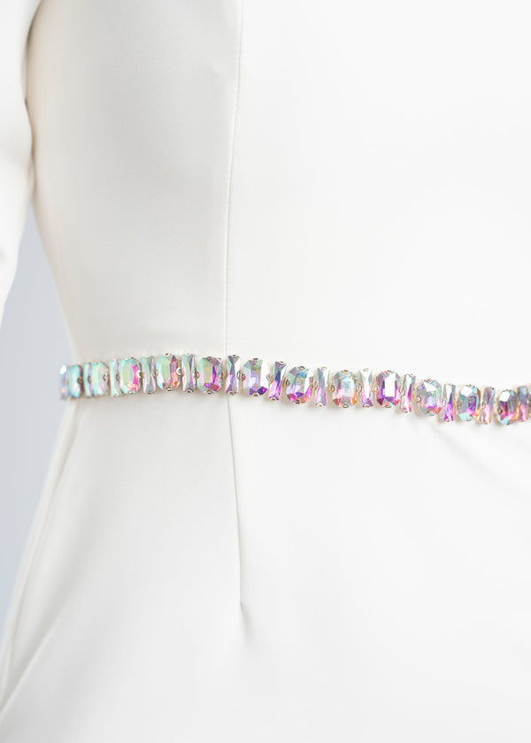 Rochie midi cu umeri accentuați & talie accesorizata - "CRYSTAL AURA"