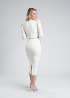 Rochie midi cu umeri accentuați & talie accesorizata - "CRYSTAL AURA"