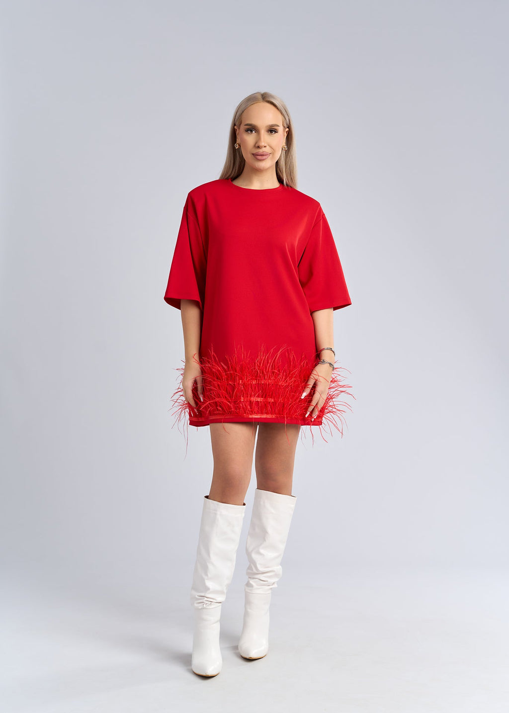 Tricou tip rochie cu pene statement - "FEATHER LOVE" Tee Dress