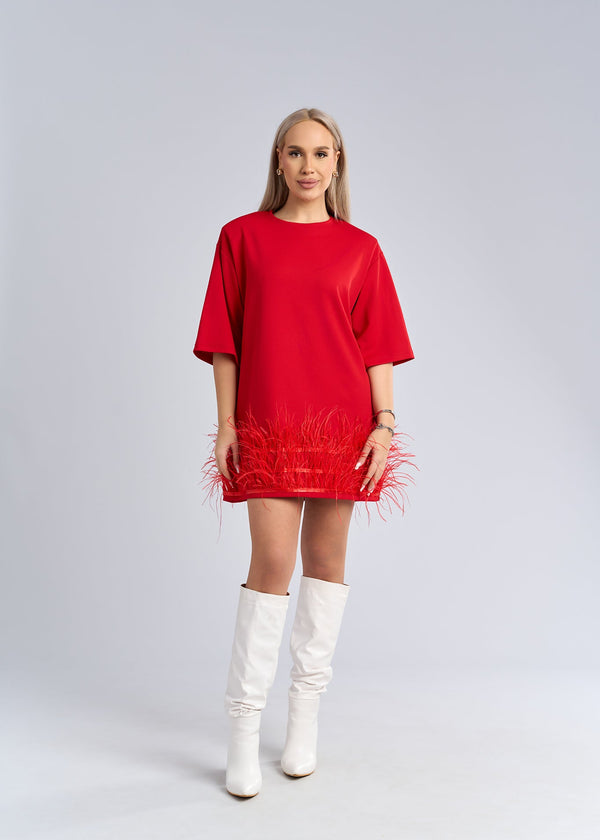 Tricou tip rochie cu pene statement - "FEATHER LOVE" Tee Dress