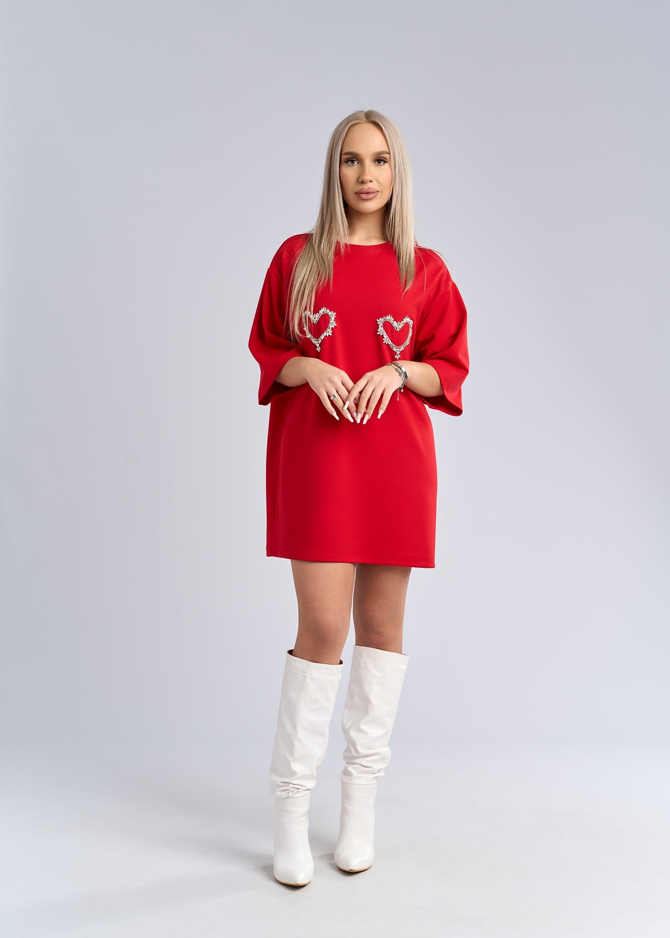 Rochie tip tricou cu inimioare din cristale - "LOVE SIA" Imagine principală a produsului