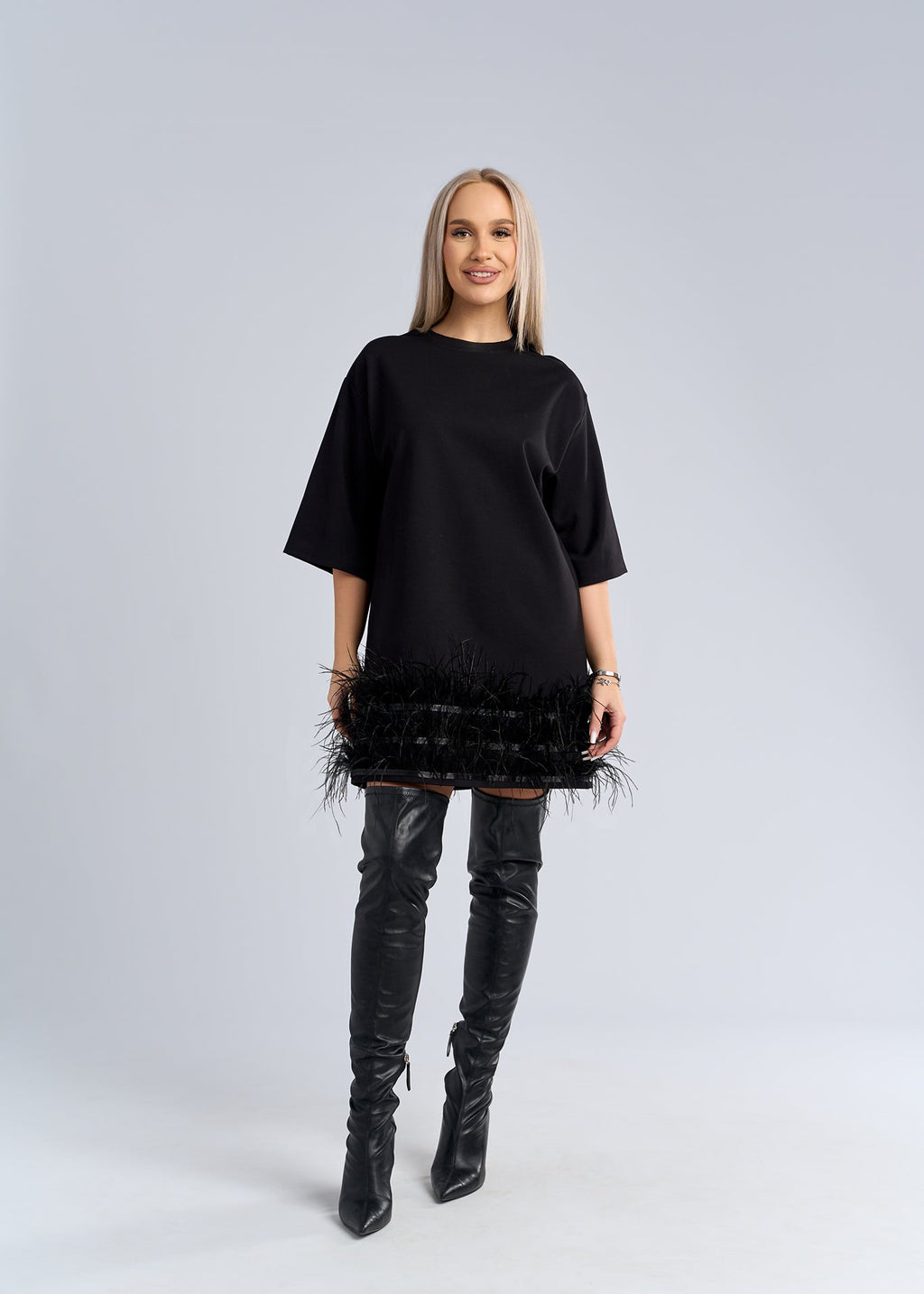 Tricou tip rochie cu pene statement - "FEATHER LOVE" Tee Dress