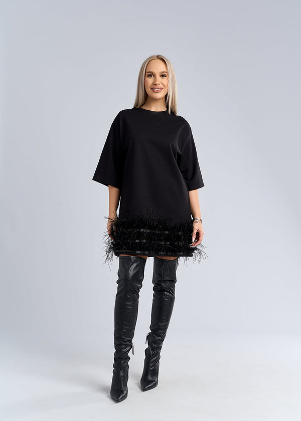 Tricou tip rochie cu pene statement - "FEATHER LOVE" Tee Dress