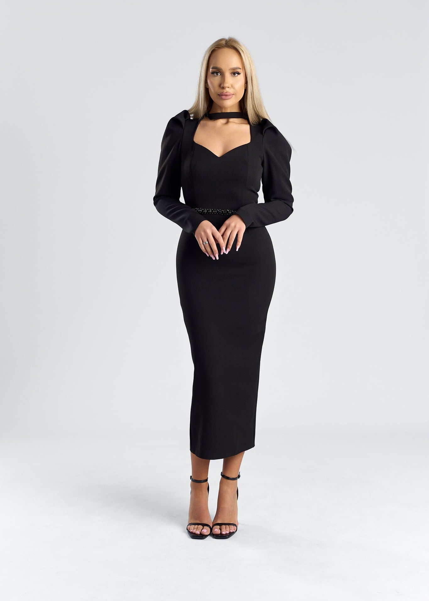 rochie midi cu umeri accentuați și talie accesorizată, model elegant, SIA Crystal Aura