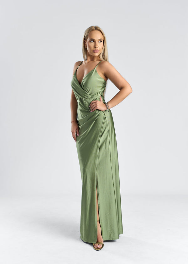 rochie satinată cu drapaj și crăpătură laterală SIA SYLARA, culoare verde, elegantă