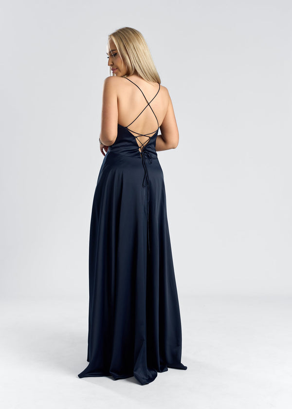 Rochie lunga satinata cu spate decupat & slit adanc - MIDNIGHT FLOW, elegant si sofisticata.