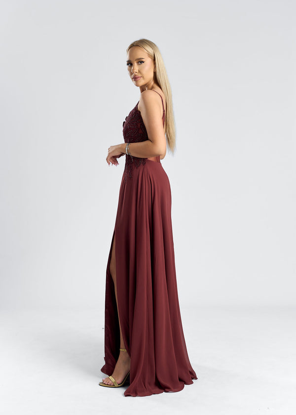 rochie din voal si dantela SCARLET desire dress, elegantă, cu aplicații, roșie, cu slit lateral, stil seducător.