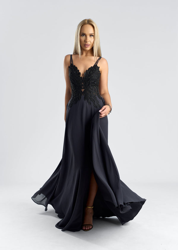 rochie din voal si dantela, model SCARLET, cu aplicatii elegante, perfecta pentru ocazii speciale.