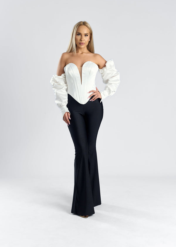 Corset tafta cu maneci ÉLYSEE, ținută elegantă cu bustiere albe și pantaloni negri evazați.