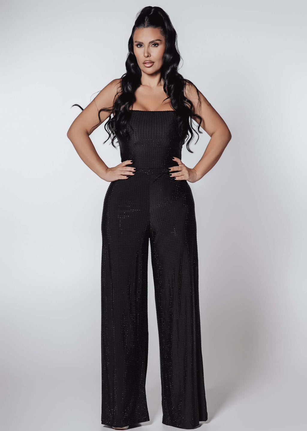 Compleu Bling Miray – set 3 piese lycra cu cristale, bustieră și pantaloni evazați eleganți, model negru pentru ocazii speciale