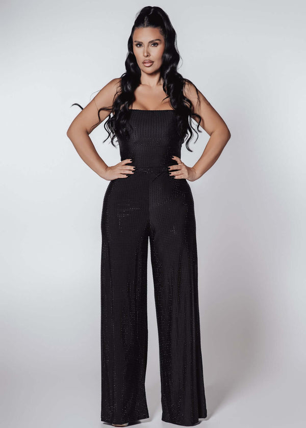 Compleu Bling Miray – set 3 piese lycra cu cristale, bustieră și pantaloni evazați eleganți, model negru pentru ocazii speciale