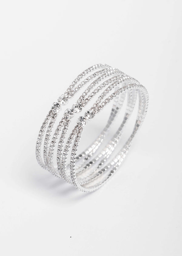 Bratara Glam Spark argintie cu mai multe rânduri de cristale strălucitoare, accesoriu elegant pentru ocazii speciale