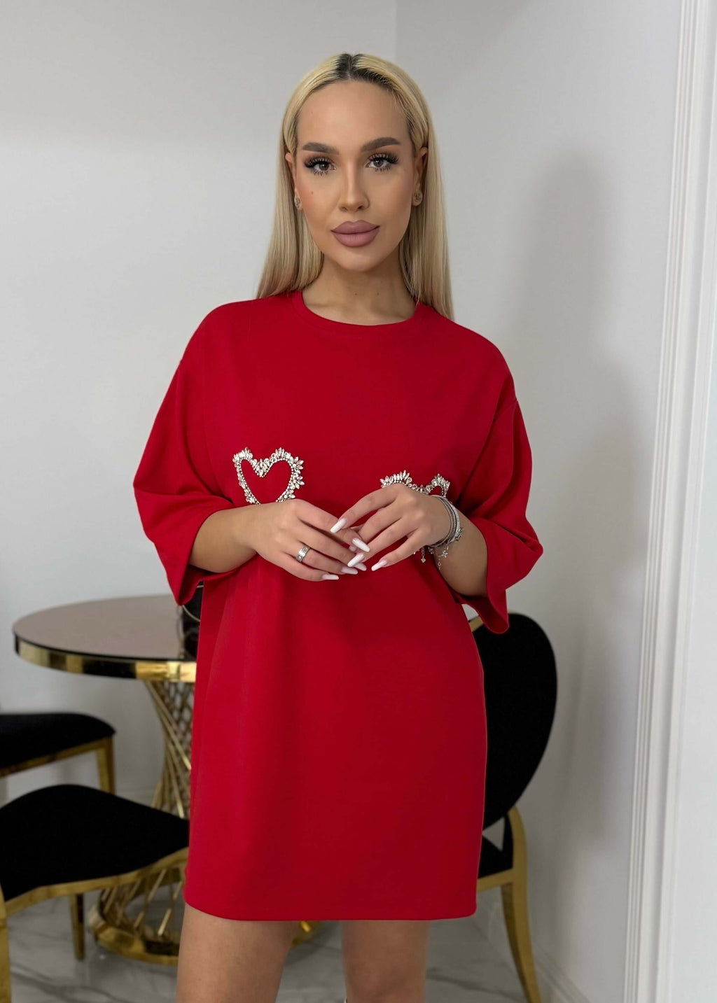 Sia Rochie tip tricou cu inimioare din cristale "LOVE SIA", roșie, lejeră și modernă