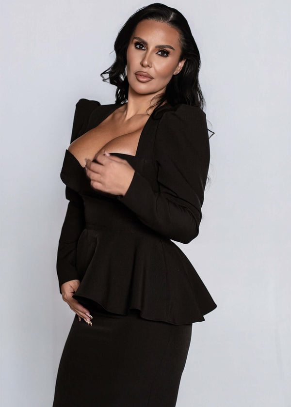Corset SIA Empress Top negru, cu umeri structurați, peplum amplu și susținere bust integrată, stil couture elegant