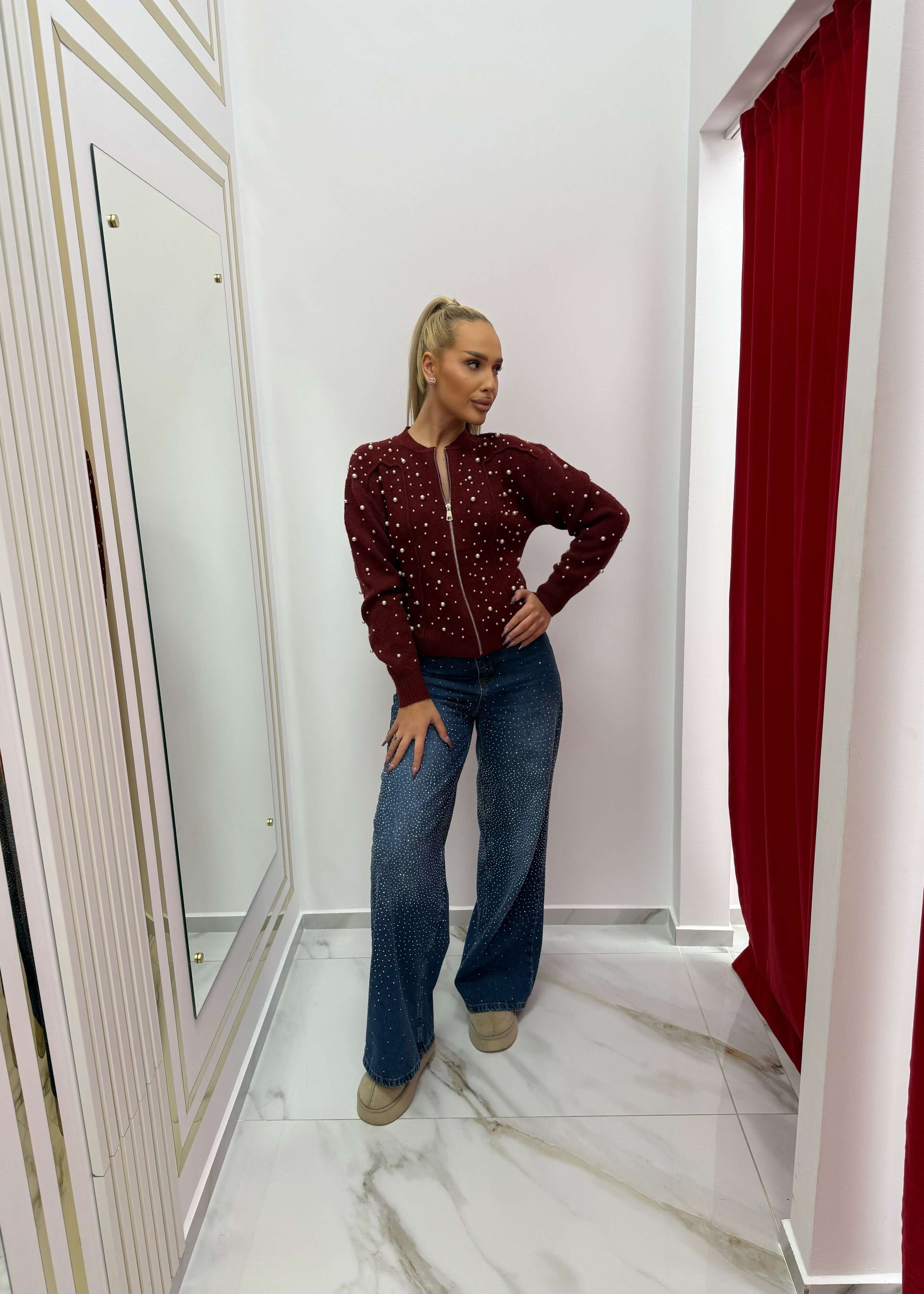 SIA Tricot elegant cu perle & fermoar - "PEARLY" cardigan Imagine principală a produsului