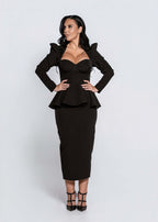 Rochie Sculpt Midi neagră, tip creion, din stofă elastică, midi cu slit la spate, ideală pentru ținute office și elegante