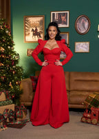 Pantaloni SIA Wide Pants roșii, talie înaltă, croială amplă tip palazzo, ținută elegantă de Crăciun lângă brad și cadouri