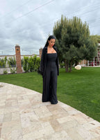 Compleu Bling Miray set 3 piese lycra cu cristale, bustieră și pantaloni evazați negri eleganți, model în grădină
